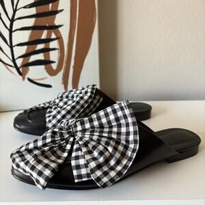 Freda Salvador Ono Mule Black Leather Gingham Bow Tie Flat Slip On Mules Sz 7.5